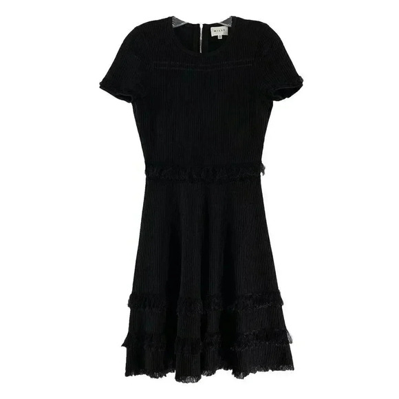 Milly Black Short Sleeve Fit & Flare Fringe Detail Ribbed Dress Zip Back Size P - Picture 3 of 11